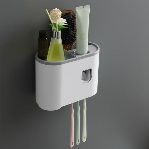 Amazon Basics Wall-Mounted Toothbrush Holder with Automatic Toothpaste Dispenser