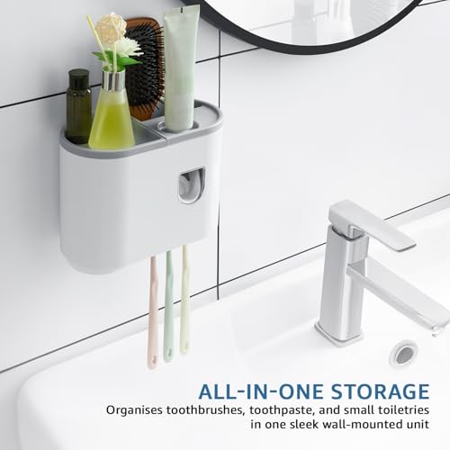 Amazon Basics Wall-Mounted Toothbrush Holder with Automatic Toothpaste Dispenser