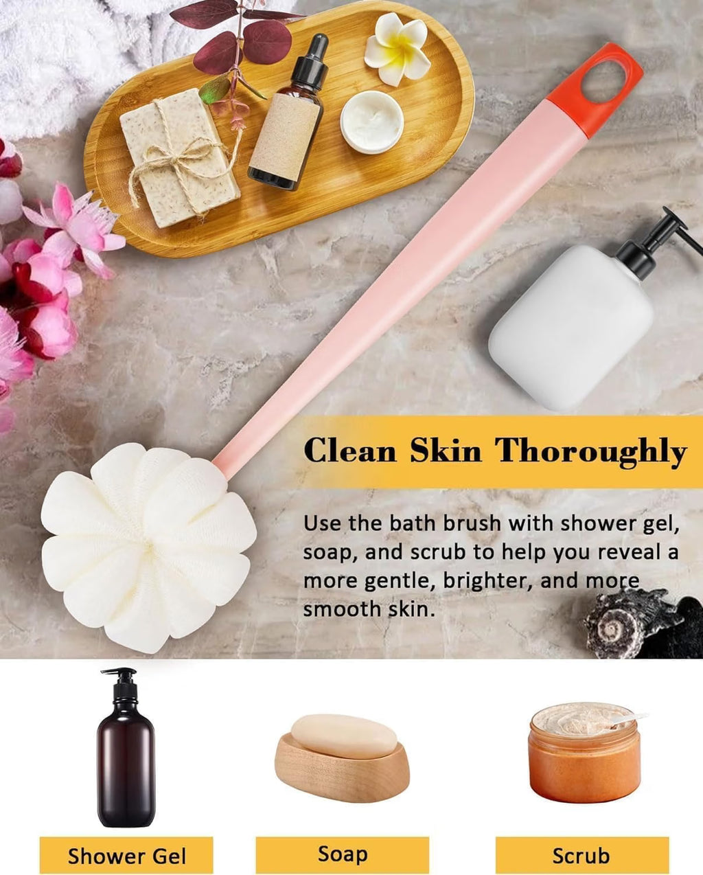 KLIMET 2-in-1 Silicone Body Bathing Brush with Long Handle | Soft & Firm Bristles Back Scrubber for Deep Cleaning, Exfoliation & Dirt Removal | BPA-Free Shower Brush for Men & Women